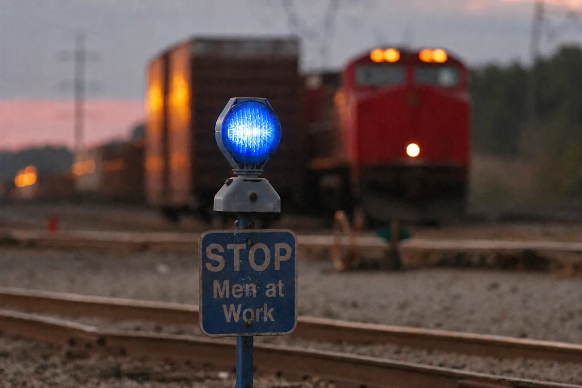 A lit blue signal and STOP — Men at Work sign protecting workers as equipment stands in a rail yard at dusk
